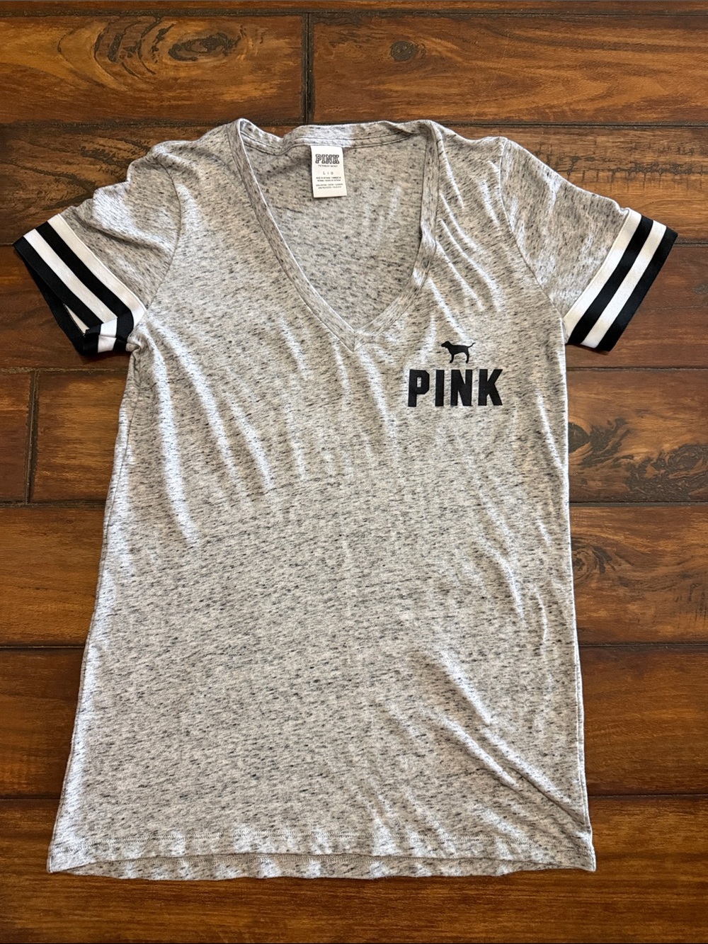 PINK Victoria's Secret Like New Heathered Gray V-Neck Tee With Striped Sleeves